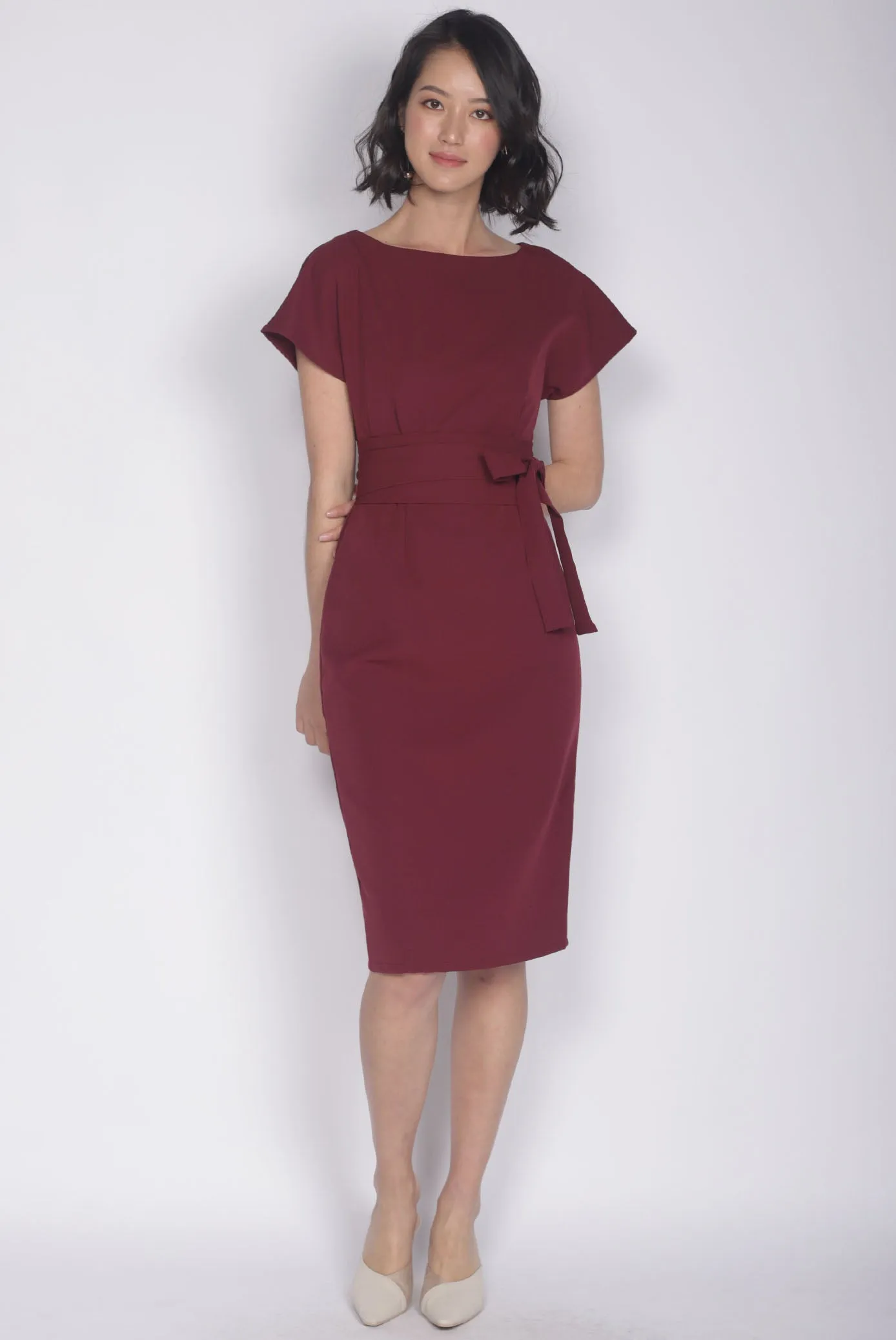Deolinda Boat Neck Obi Sash Dress In Wine Red