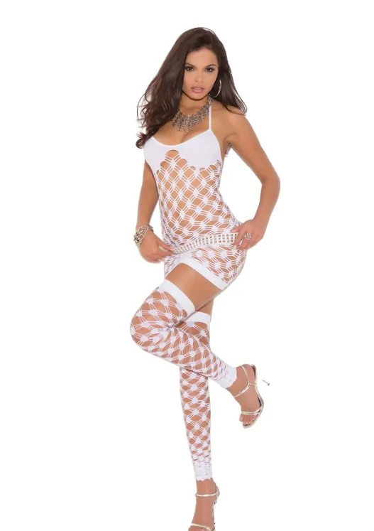 Diamond Net Halter Dress, G-string and Thigh Highs White