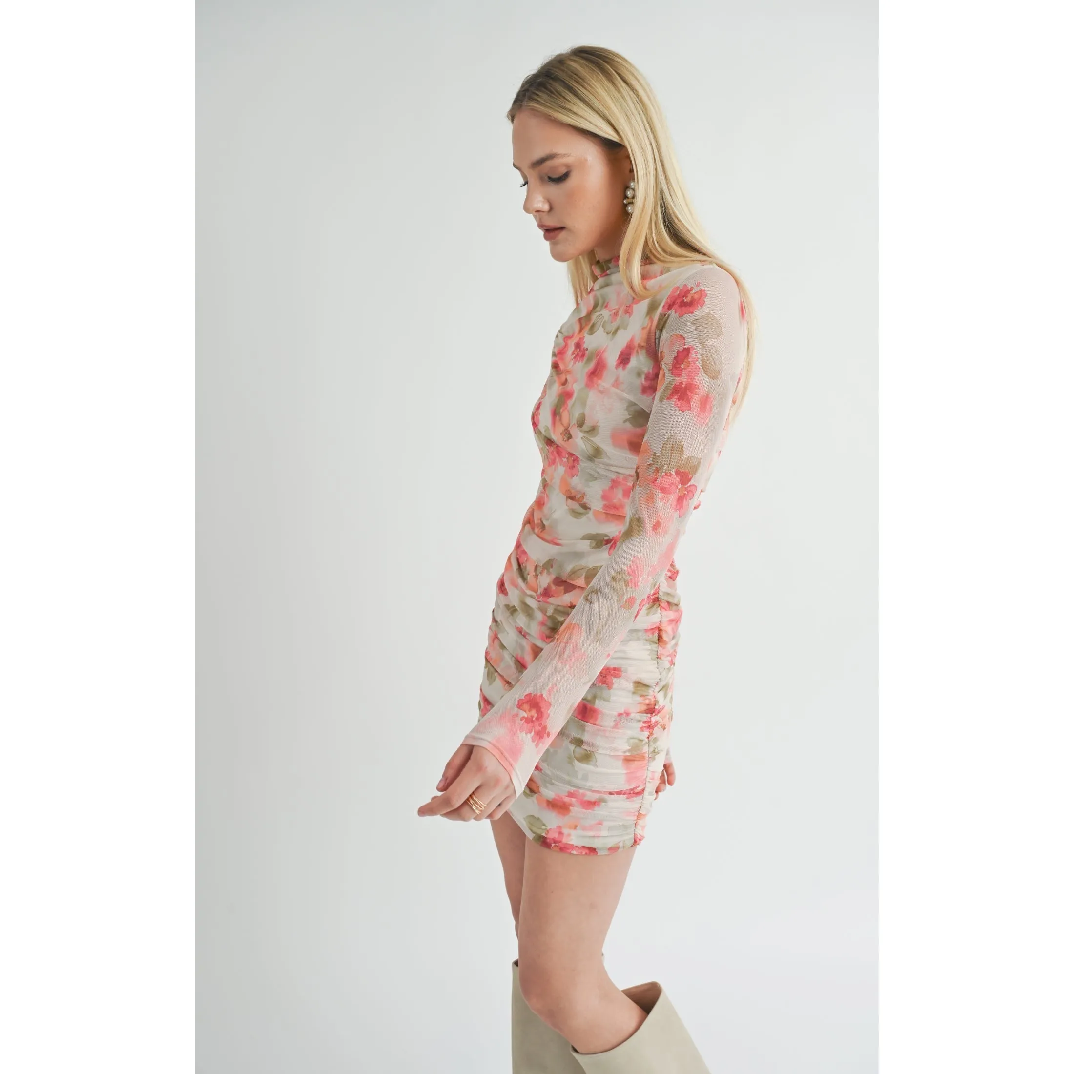 DIVINE FEMININE RUCHED L/S MINI DRESS