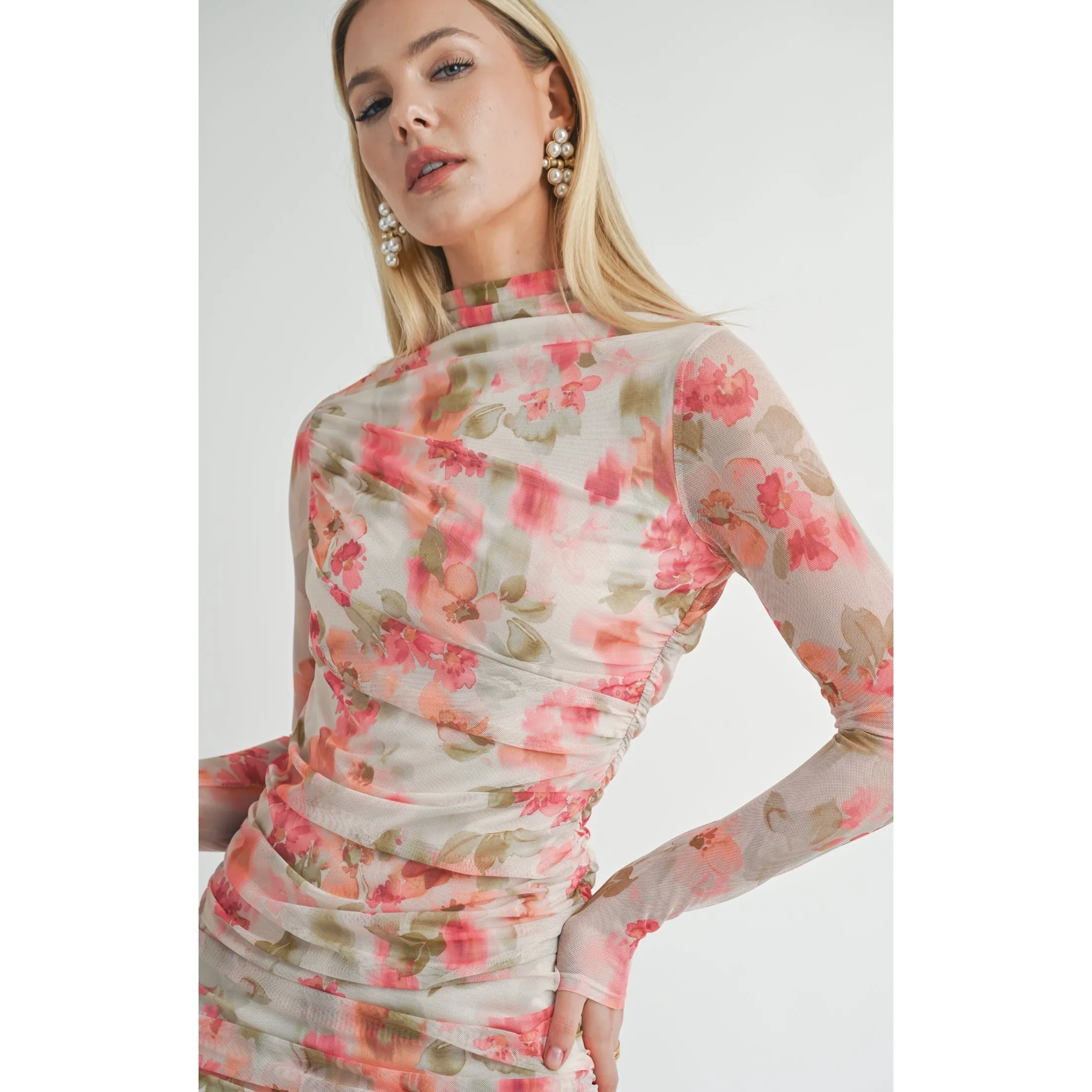 DIVINE FEMININE RUCHED L/S MINI DRESS