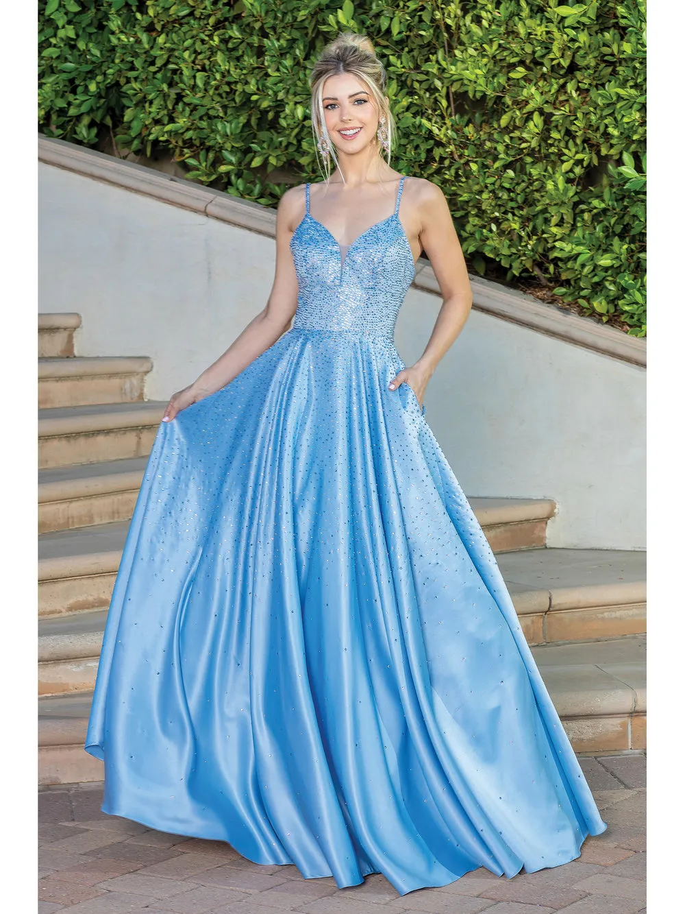 DQ 4256 - Rhinestone Accented Satin A-Line Ball Gown with Plunging V-Neck Bodice Wide Banded Waist Pockets & Open Corset Back