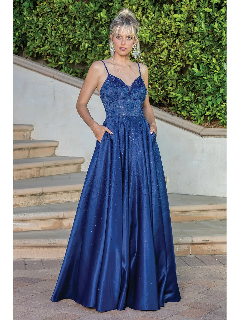 DQ 4256 - Rhinestone Accented Satin A-Line Ball Gown with Plunging V-Neck Bodice Wide Banded Waist Pockets & Open Corset Back
