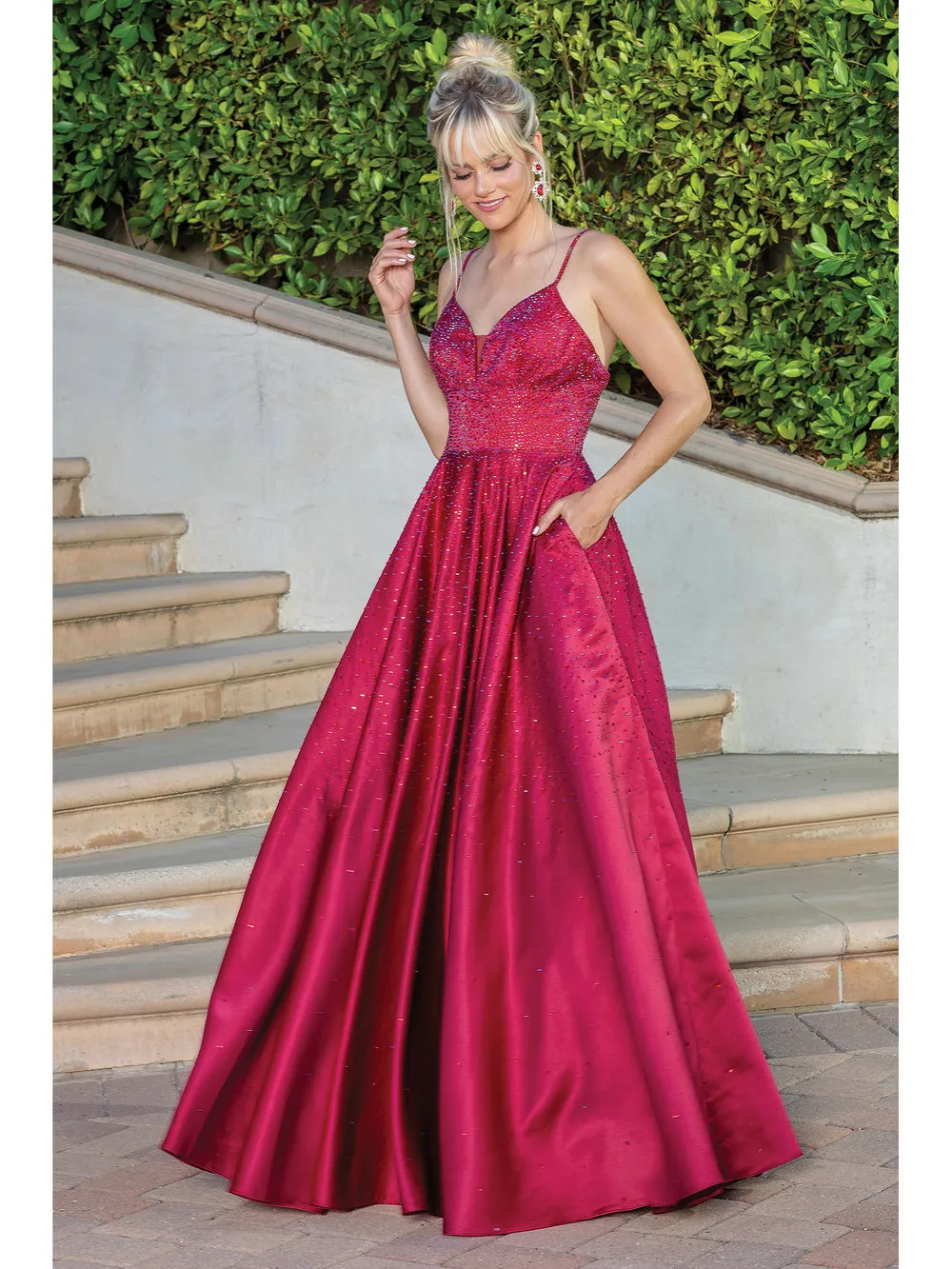 DQ 4256 - Rhinestone Accented Satin A-Line Ball Gown with Plunging V-Neck Bodice Wide Banded Waist Pockets & Open Corset Back