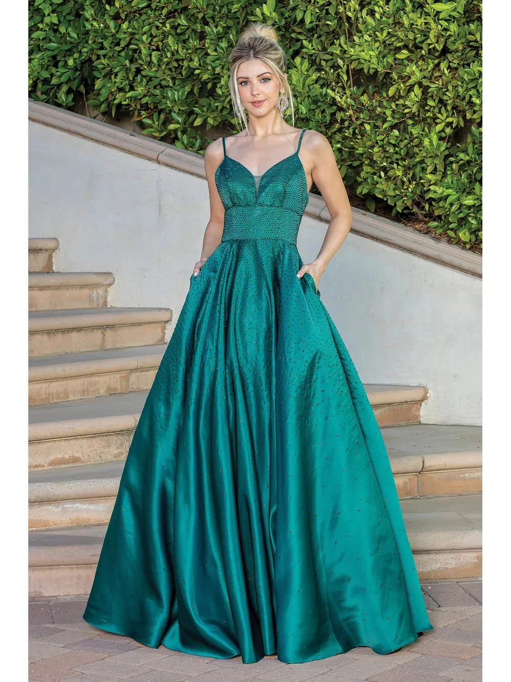 DQ 4256 - Rhinestone Accented Satin A-Line Ball Gown with Plunging V-Neck Bodice Wide Banded Waist Pockets & Open Corset Back