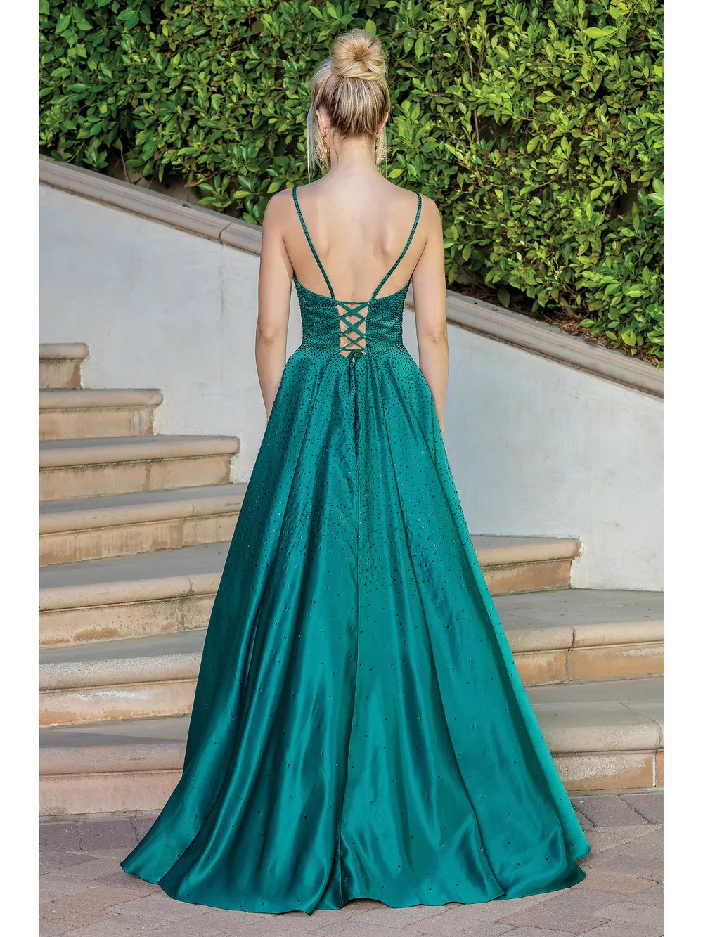 DQ 4256 - Rhinestone Accented Satin A-Line Ball Gown with Plunging V-Neck Bodice Wide Banded Waist Pockets & Open Corset Back
