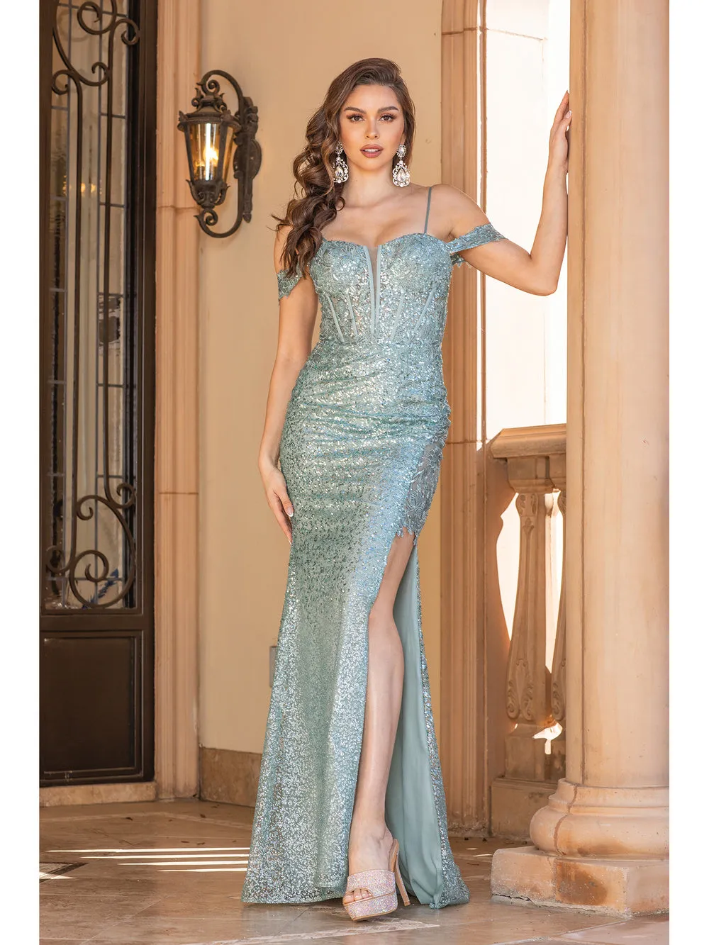 DQ 4338 - Full Sequin Off the Shoulder Fit & Flare Prom Gown with Sheer Boned Bodice Leg Slit & Lace Up Corset Back