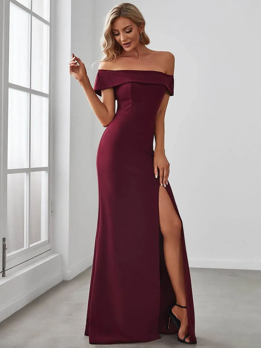 Eileen off shoulder formal gown or bridesmaid dress in Burgundy Express NZ wide
