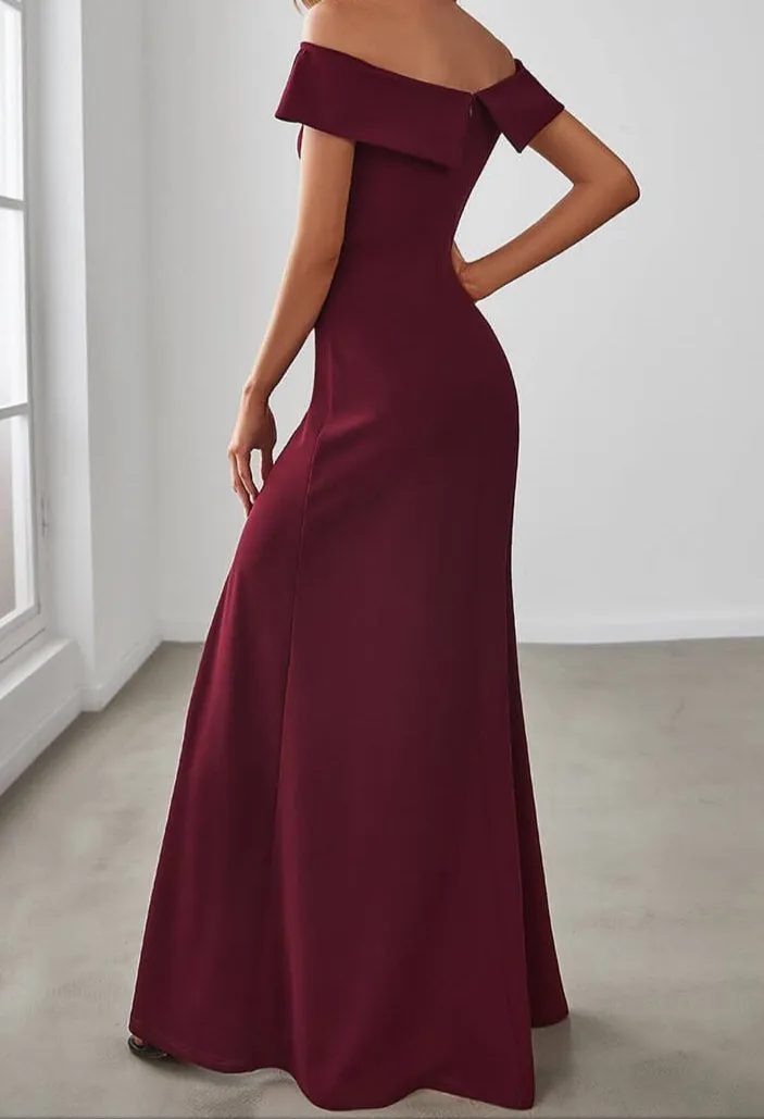 Eileen off shoulder formal gown or bridesmaid dress in Burgundy Express NZ wide