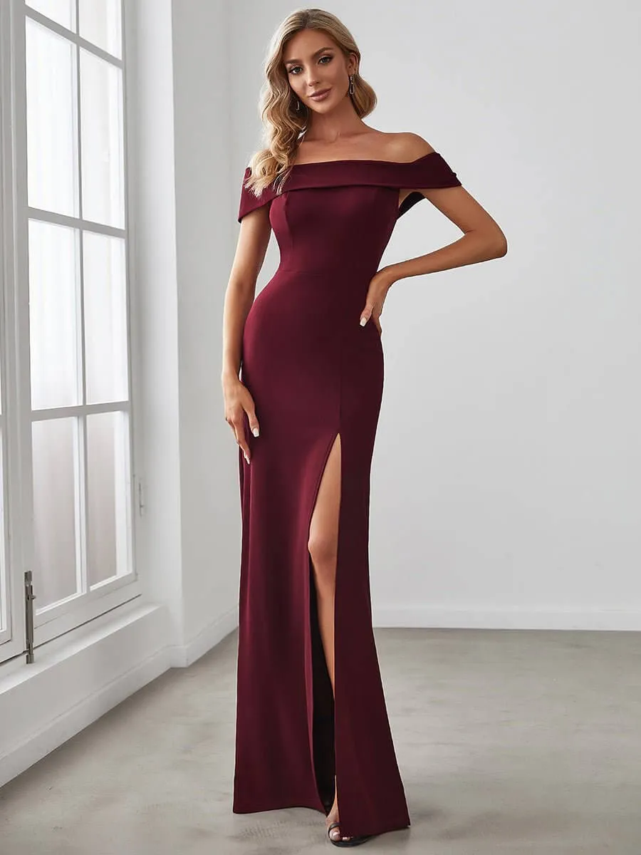 Eileen off shoulder formal gown or bridesmaid dress in Burgundy Express NZ wide