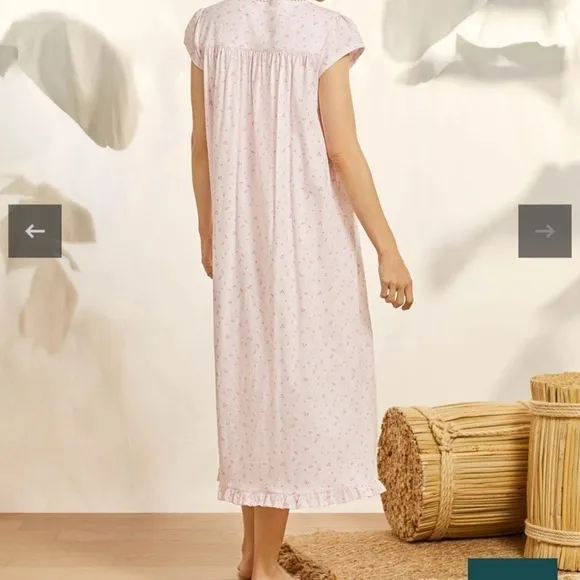 Eileen West Pink Floral Cap Sleeve Nightgown Lace Button Yoke EUC