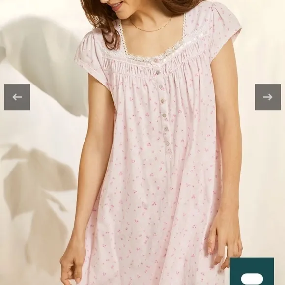 Eileen West Pink Floral Cap Sleeve Nightgown Lace Button Yoke EUC