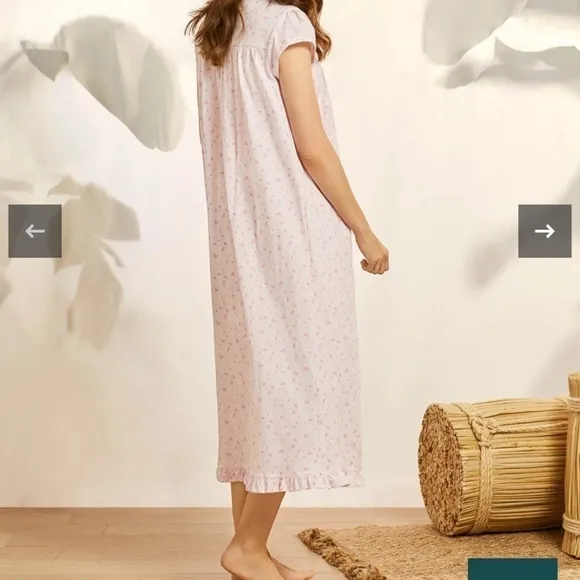 Eileen West Pink Floral Cap Sleeve Nightgown Lace Button Yoke EUC