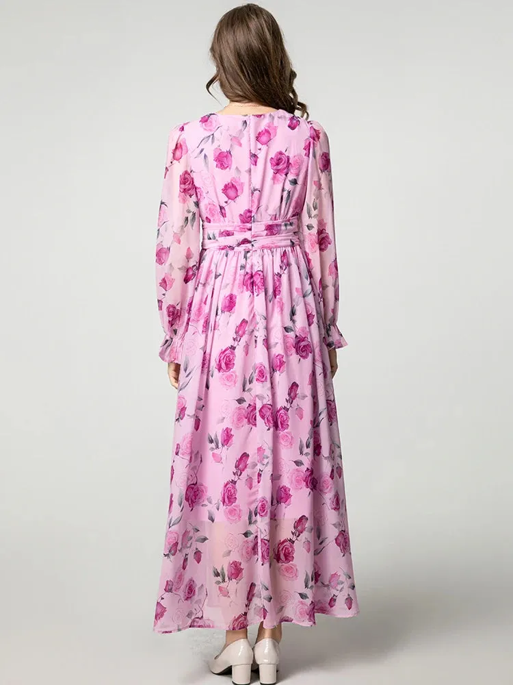 Eliana Vintage Rose Print V-Neck Dress