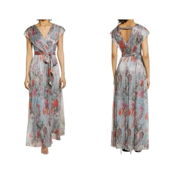 Eliza J Metallic Floral Micro-pleated Cap sleeve Floral Dress Size 4