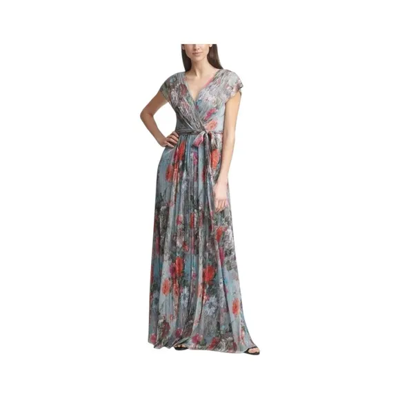 Eliza J Metallic Floral Micro-pleated Cap sleeve Floral Dress Size 4