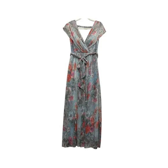 Eliza J Metallic Floral Micro-pleated Cap sleeve Floral Dress Size 4