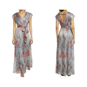 Eliza J Metallic Floral Micro-pleated Cap sleeve Floral Dress Size 4