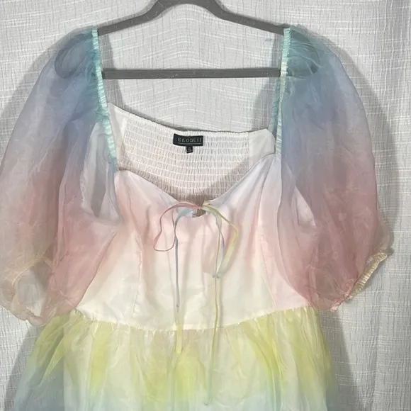 ELOQUII PASTEL OMBRE SHEER PUFF SLEEVE CROSS STRAP HALTER TIE DRESS size 28