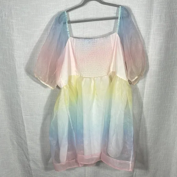 ELOQUII PASTEL OMBRE SHEER PUFF SLEEVE CROSS STRAP HALTER TIE DRESS size 28