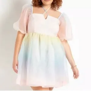 ELOQUII PASTEL OMBRE SHEER PUFF SLEEVE CROSS STRAP HALTER TIE DRESS size 28