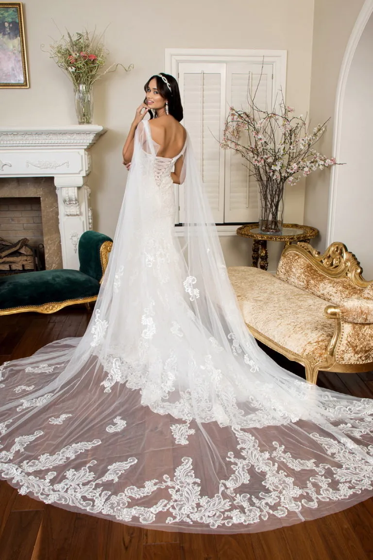 Embroidered V-Neck Mermaid Wedding Gown w/ Detachable Cape