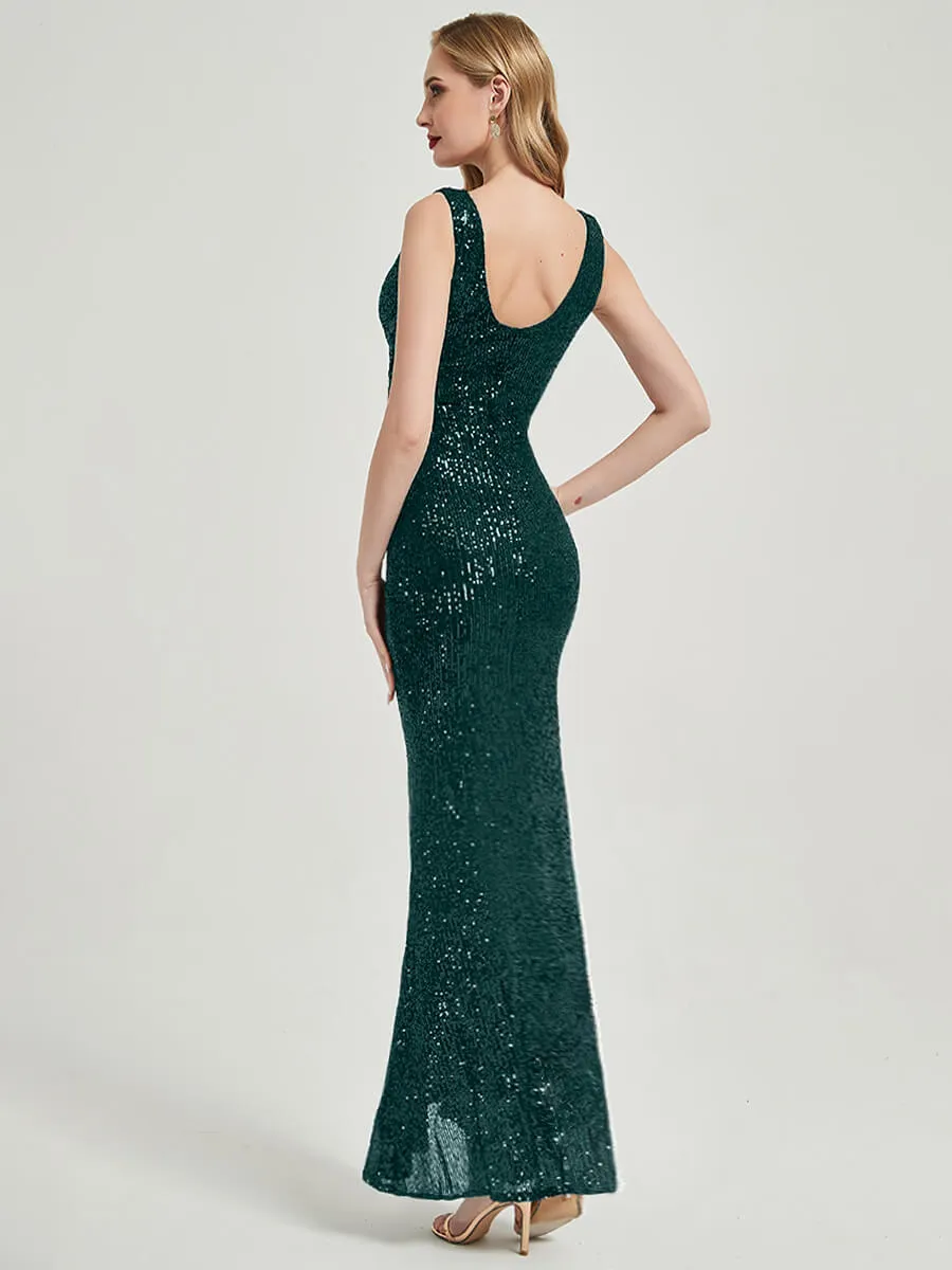 Emerald Green Sequin Sleeveless Sheer V-Neck Maxi Mermaid Formal Gown
