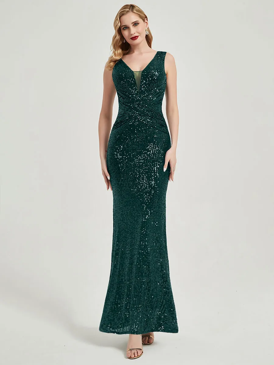 Emerald Green Sequin Sleeveless Sheer V-Neck Maxi Mermaid Formal Gown