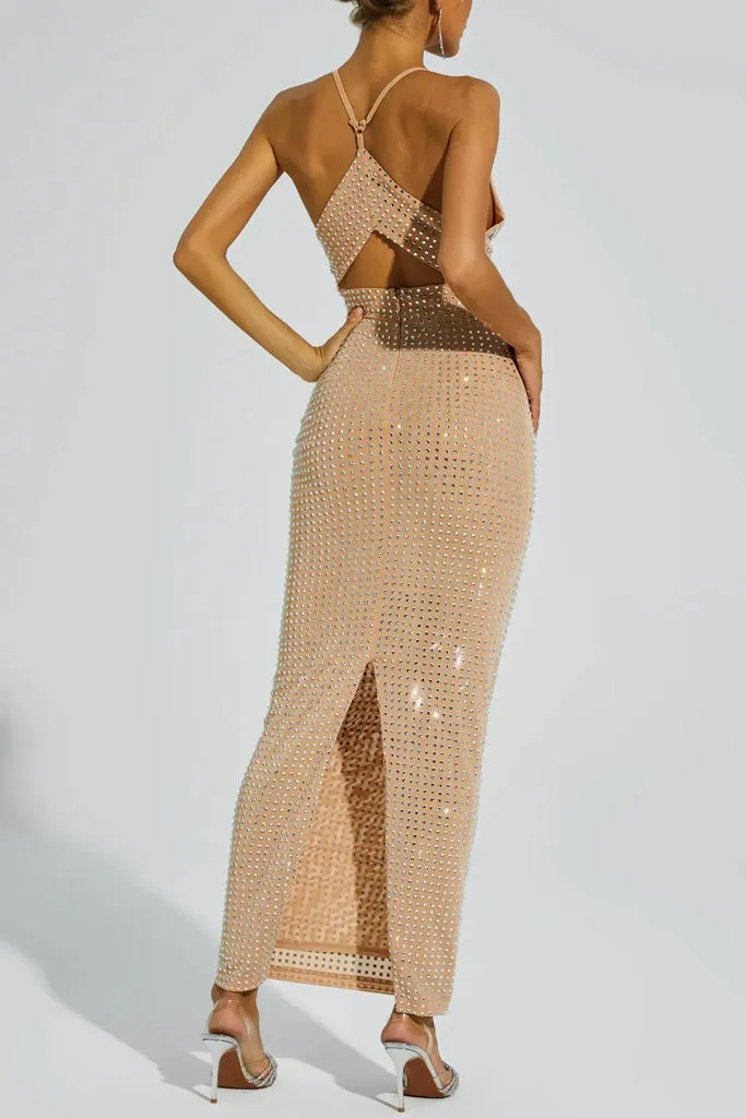 Enigma Cut Out Halter Dress with Rhinestones
