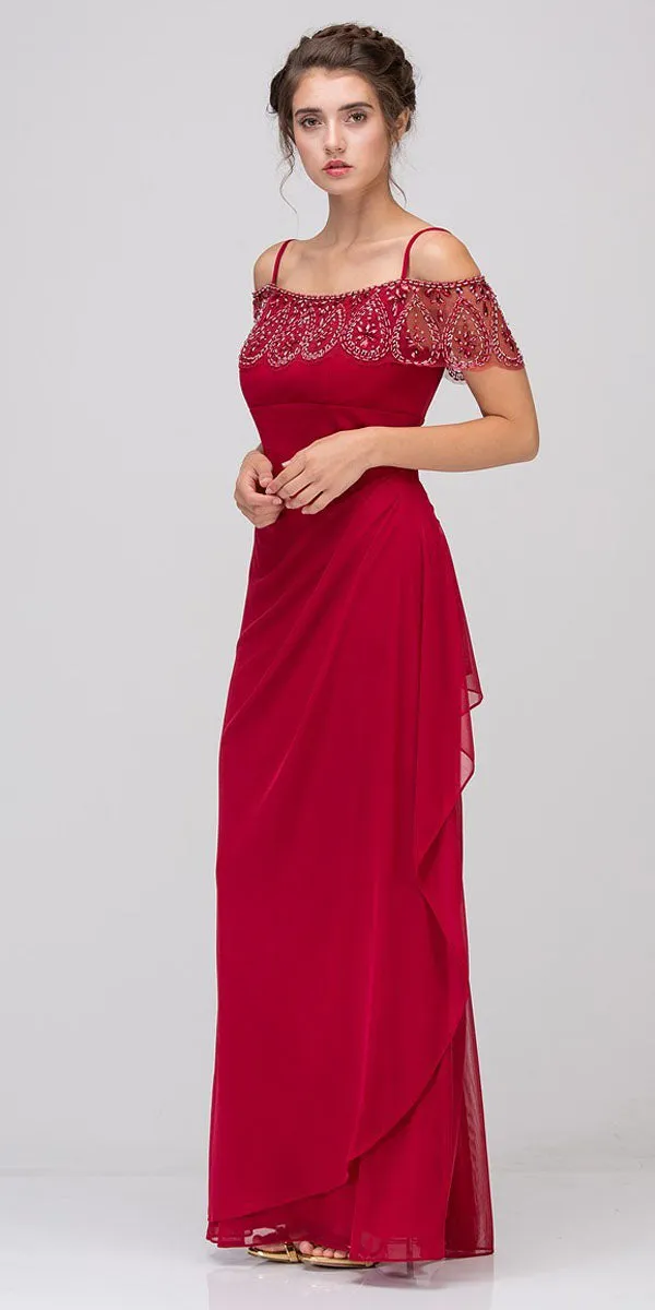 Eureka 3937 Cold-Shoulder Beaded Long Dress Ruched Side Silhouette