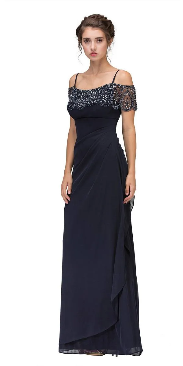 Eureka 3937 Cold-Shoulder Beaded Long Dress Ruched Side Silhouette