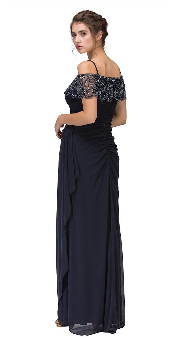 Eureka 3937 Cold-Shoulder Beaded Long Dress Ruched Side Silhouette