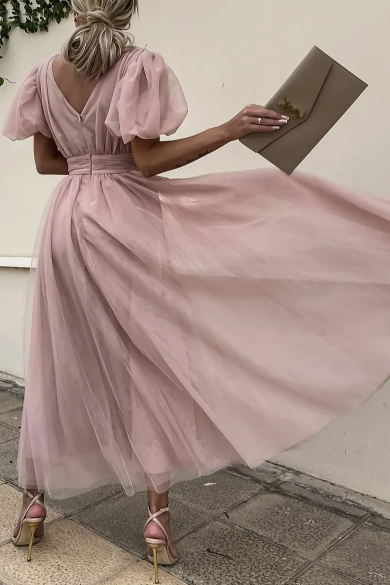 Fashion Solid V Neck Mesh Dress Dresses