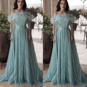 feather prom dresses long lace appliqué mint green boat neck Dubai fashion prom gown vestido de Longo