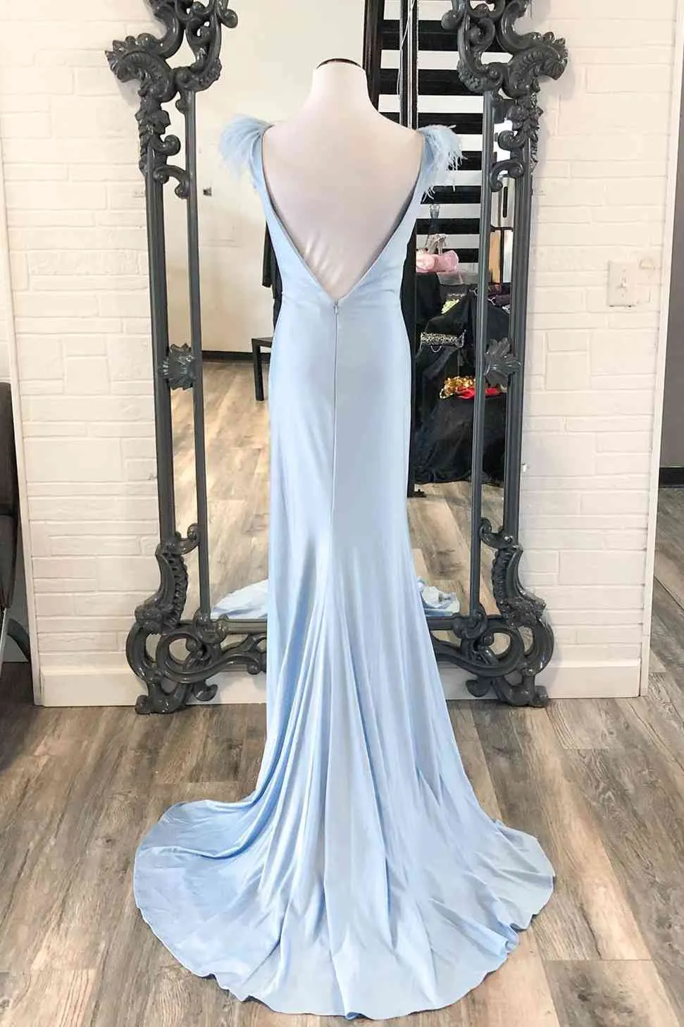 Feather Shoulder Blue Pleated Long Formal Dress