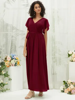 [Final Sale] Burgundy Short Sleeves Floor Length Silky Chiffon Bridesmaid Dress
