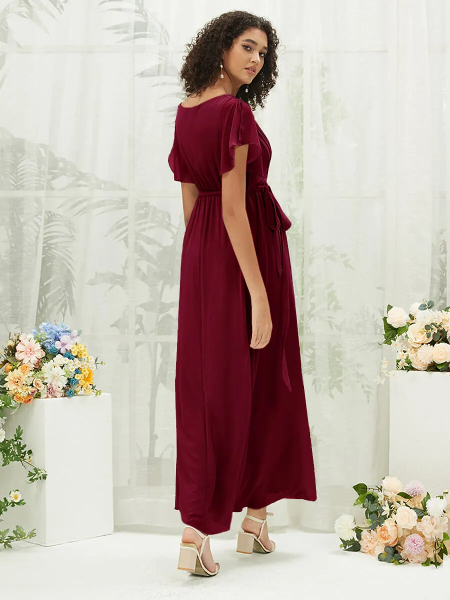 [Final Sale] Burgundy Short Sleeves Floor Length Silky Chiffon Bridesmaid Dress