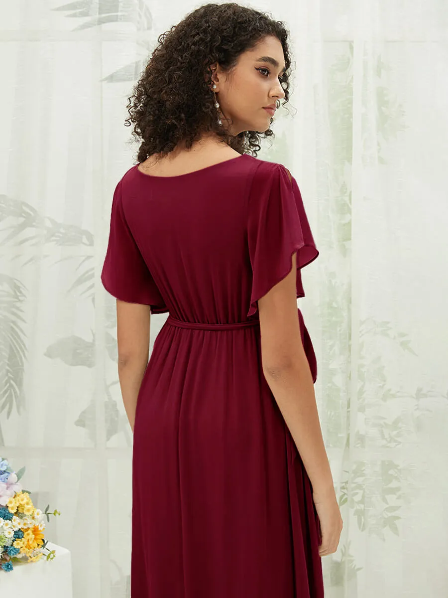 [Final Sale] Burgundy Short Sleeves Floor Length Silky Chiffon Bridesmaid Dress