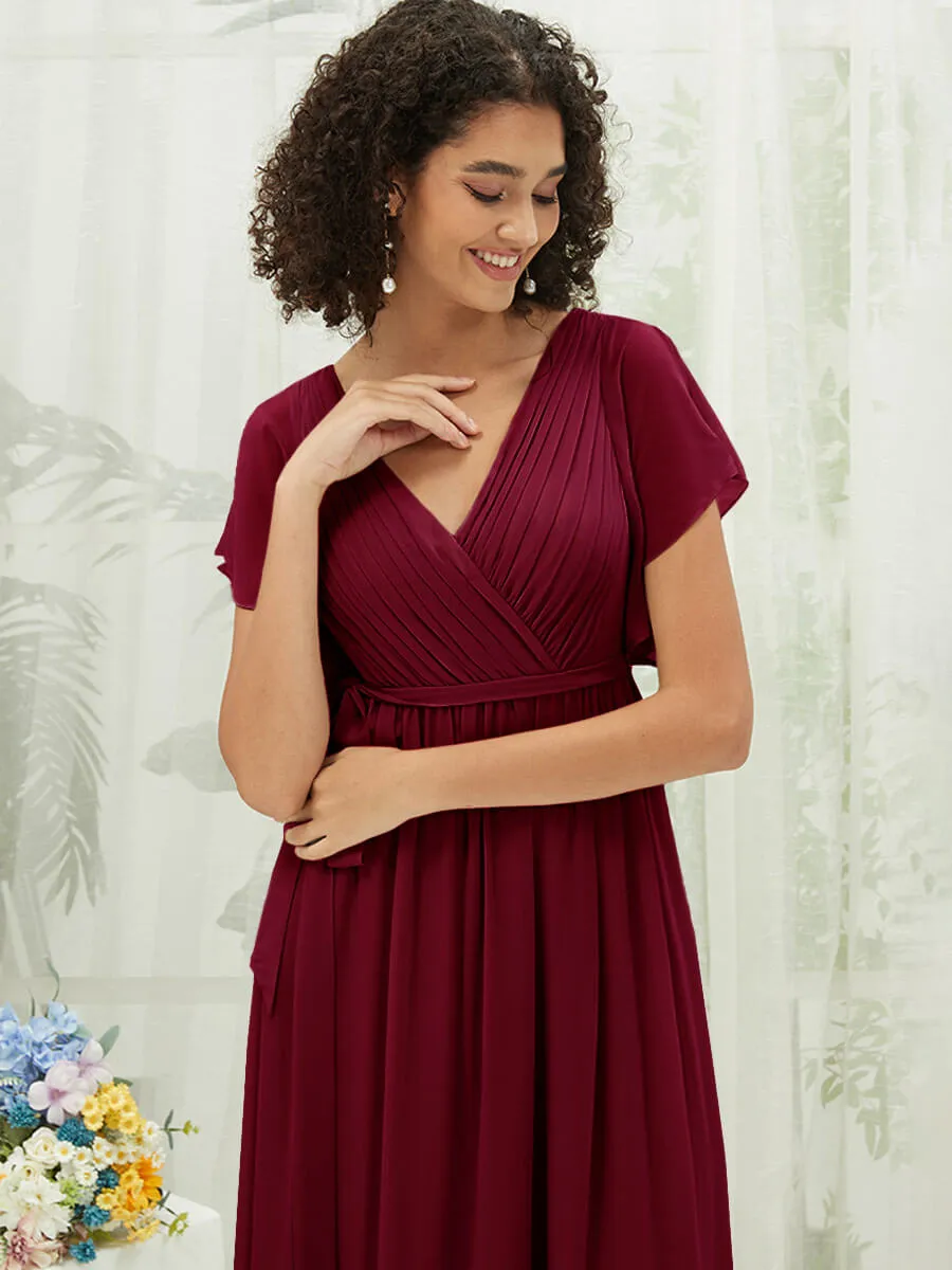 [Final Sale] Burgundy Short Sleeves Floor Length Silky Chiffon Bridesmaid Dress