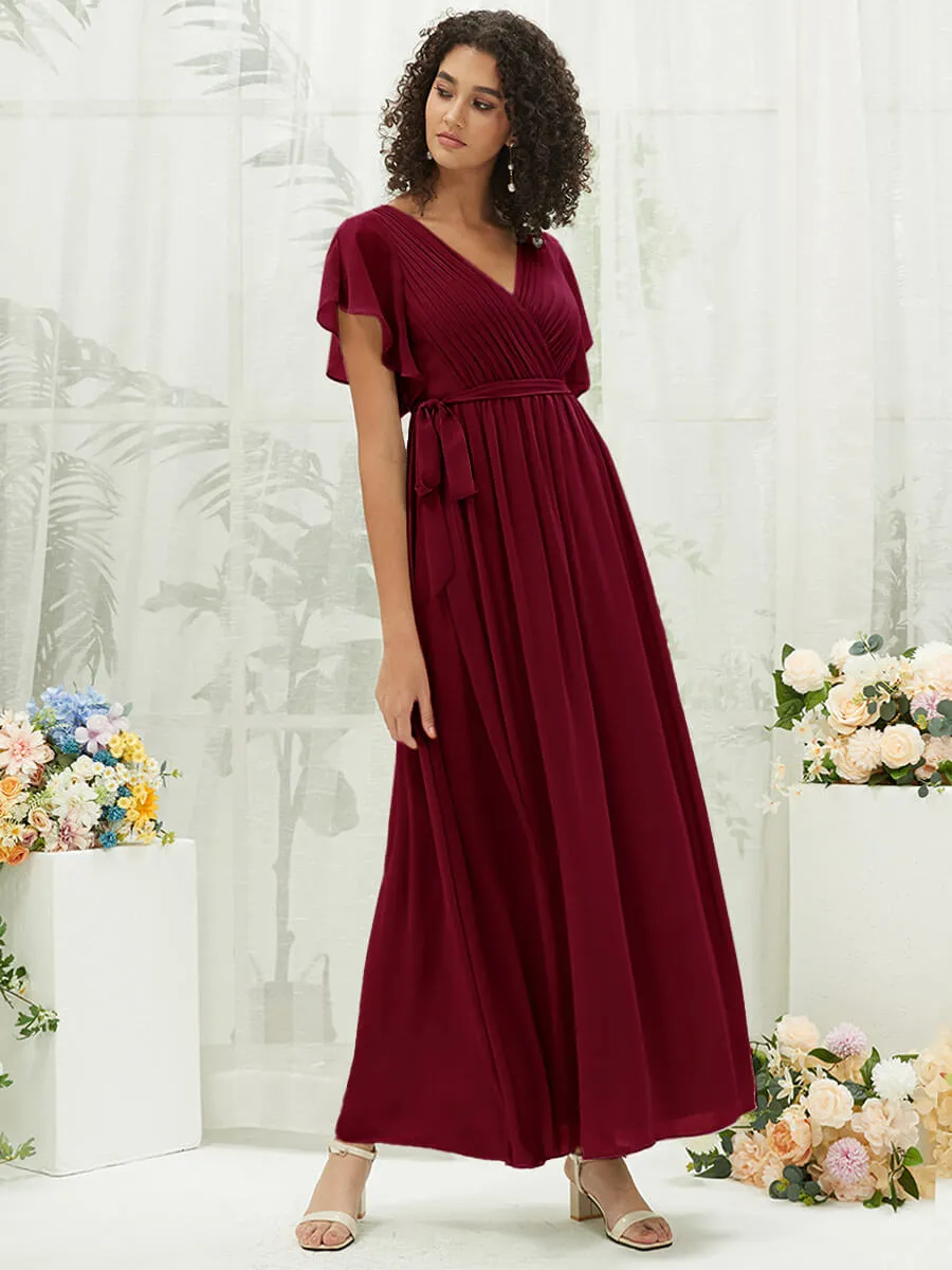 [Final Sale] Burgundy Short Sleeves Floor Length Silky Chiffon Bridesmaid Dress