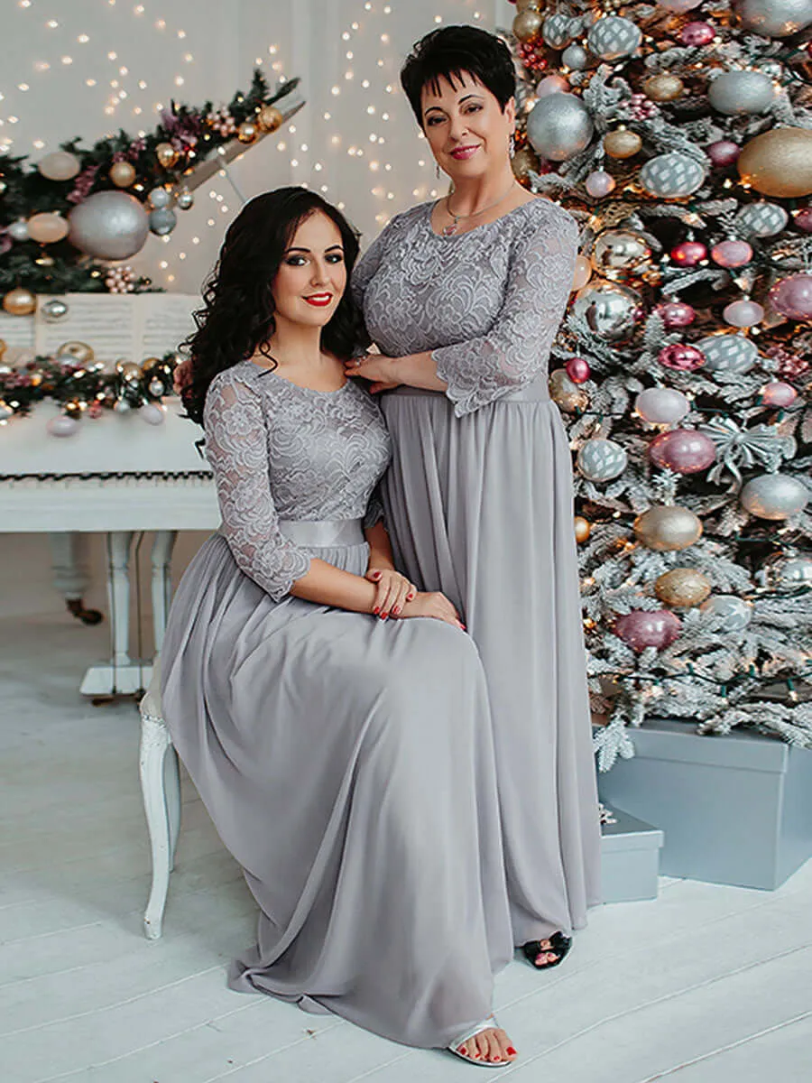 [Final Sale] Gray Plus Size Sleeve Lace Mother of the Bride Dress-Darline