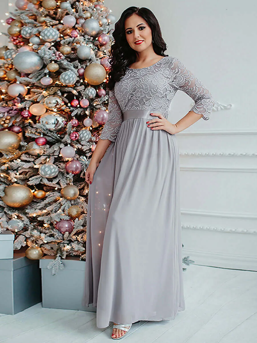 [Final Sale] Gray Plus Size Sleeve Lace Mother of the Bride Dress-Darline