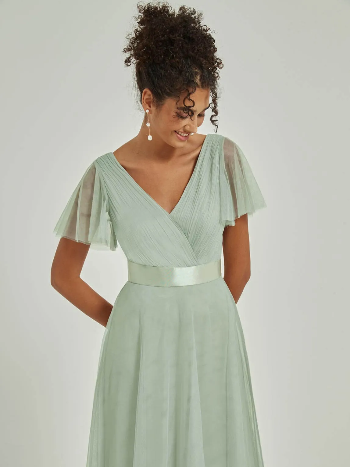 [Final Sale] Sage Tulle V-Neck Ruffle Sleeves Floor Length Bridesmaid Gown
