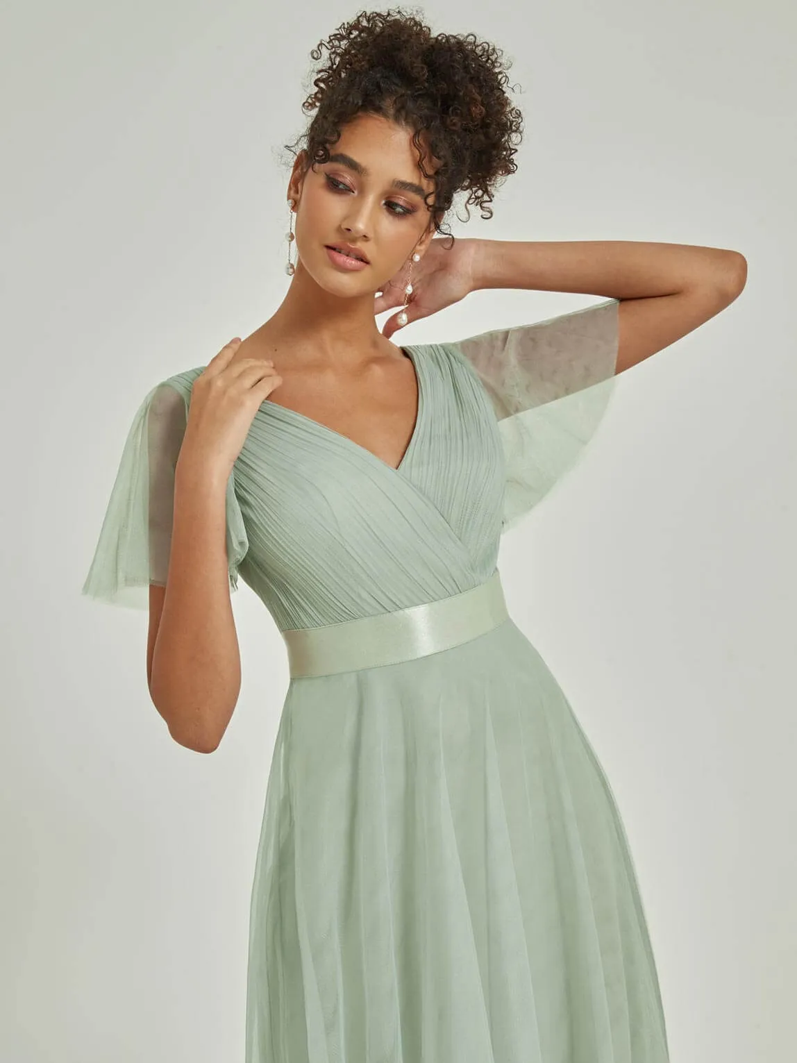 [Final Sale] Sage Tulle V-Neck Ruffle Sleeves Floor Length Bridesmaid Gown