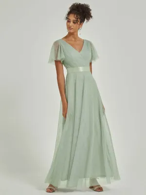 [Final Sale] Sage Tulle V-Neck Ruffle Sleeves Floor Length Bridesmaid Gown