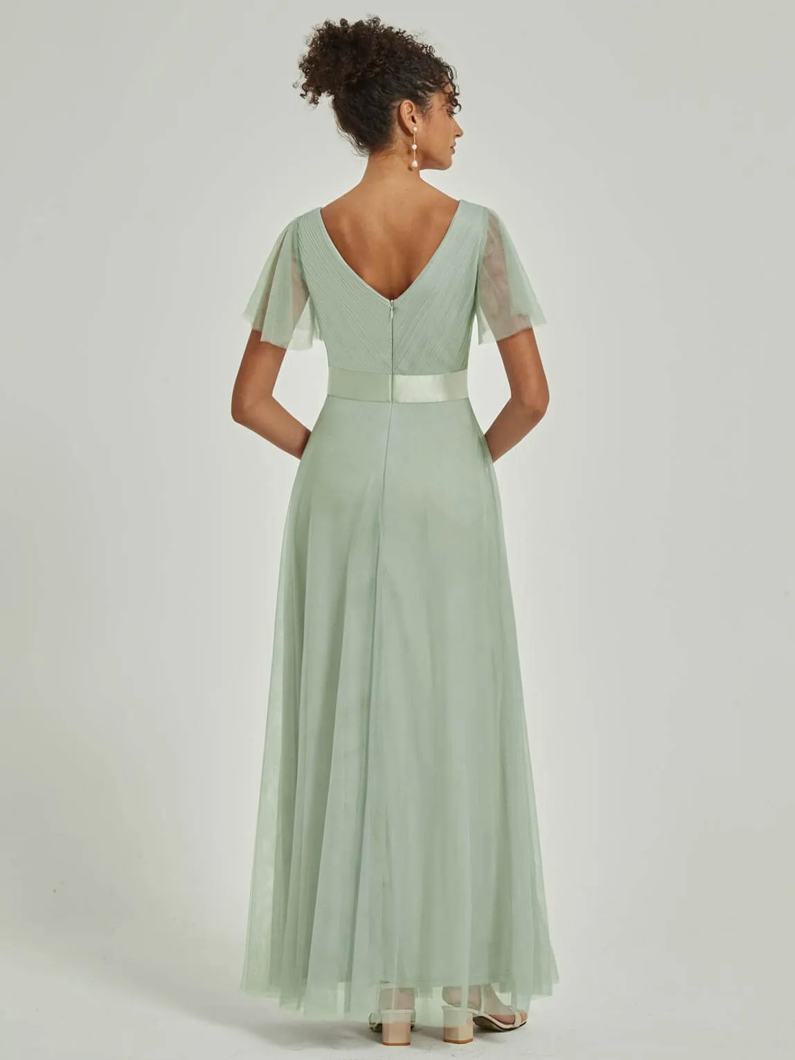 [Final Sale] Sage Tulle V-Neck Ruffle Sleeves Floor Length Bridesmaid Gown