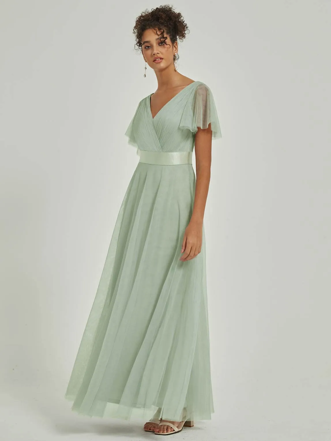 [Final Sale] Sage Tulle V-Neck Ruffle Sleeves Floor Length Bridesmaid Gown