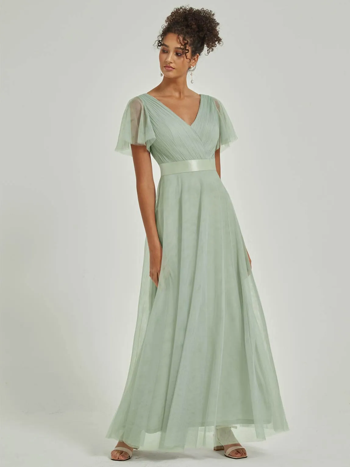 [Final Sale] Sage Tulle V-Neck Ruffle Sleeves Floor Length Bridesmaid Gown