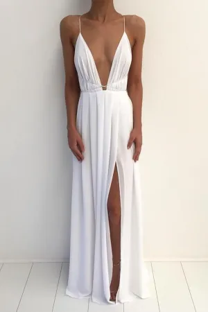 Floor-Length White Chiffon Prom Dress with Deep V-neckline
