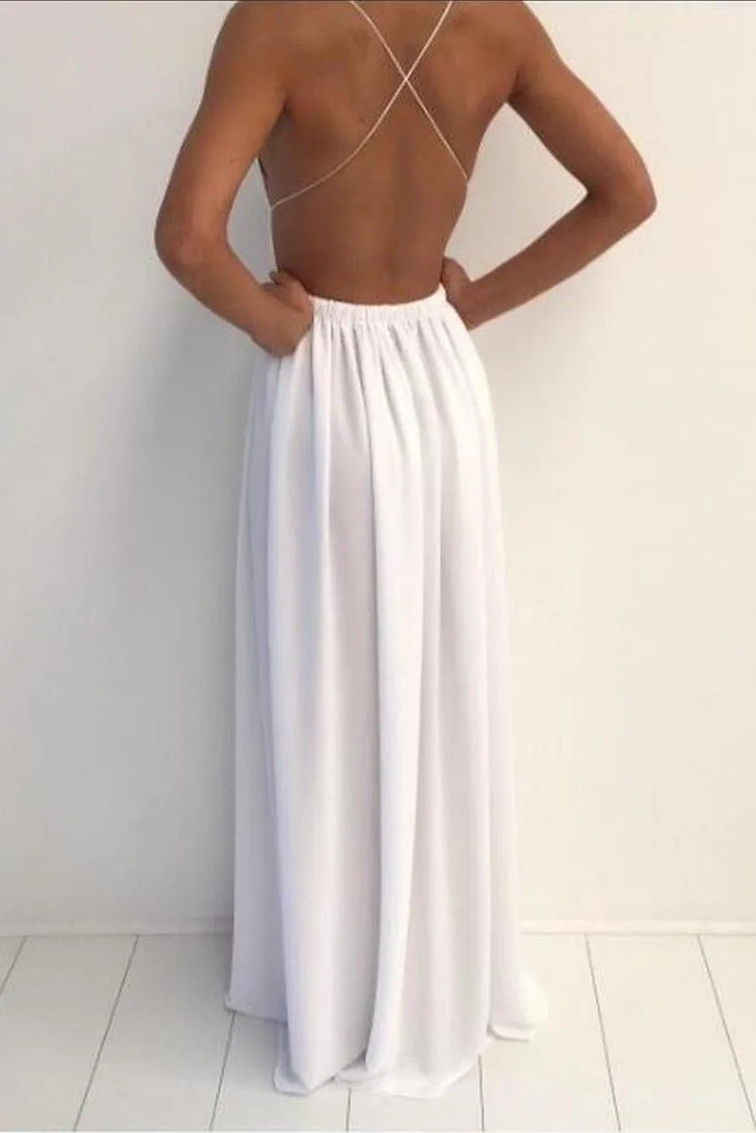 Floor-Length White Chiffon Prom Dress with Deep V-neckline