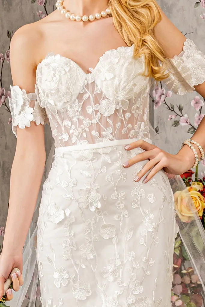 Floral Embroidery Mesh Mermaid Wedding Gown w/ Long Back Drape